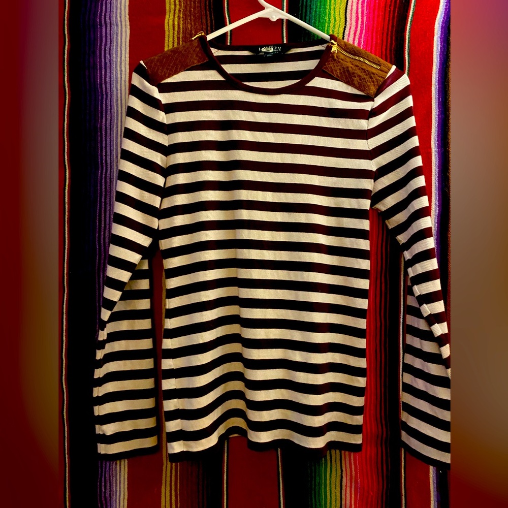 Ralph Lauren maroon striped long sleeve shirt. Leather on the shoulders